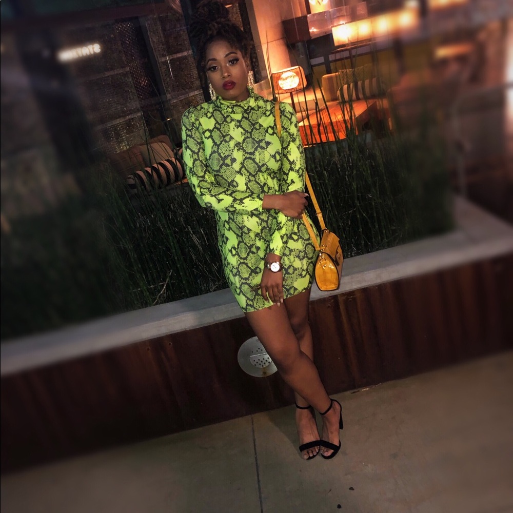 Neon Lime Snake Ribbed Roll Neck Dress